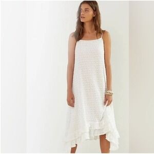 Anthropologie White Ruffled Crochet Midi Dress Spaghetti‎ Strap Size Medium